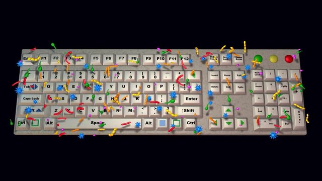 Computer keyboard covered with germs, bacteria, viruses, microbes.Consistent population numbers during 3d animation. Black , white alpha matte , mask included