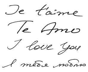 handwritten phrase I Love You on the four languages