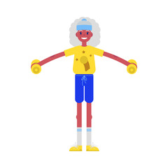 Vector flat elderly african woman in sportsuit doing sport. Old female black character working out with dumbbells. Grandmother at retirement, pension and healthy lifestyle.