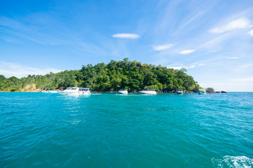 Island in the sea, a boat stop to bring tourists to snorkel. Koh Samet, the Gulf of Thailand, Rayong Province, campaign for tourism in Thailand.