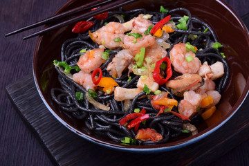 Black spaghetti with cuttlefish ink and seafood