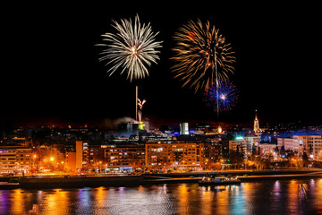 Novi Sad, Serbia - January 01, 2019: Fireworks in Novi Sad, Serbia. New Year`s fireworks.
