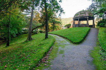 Beautiful Terra Nostra Botanical Park with granite bandstand, Azores