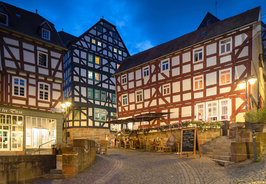 Half-timbered buildings at dusk, Marburg, Hesse, Germany