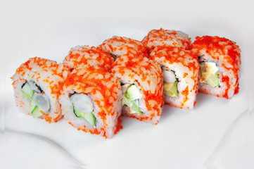 close up of sashimi sushi set, roll on white plate