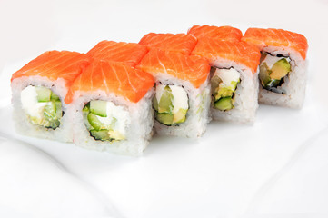 close up of sashimi sushi set, roll on white plate