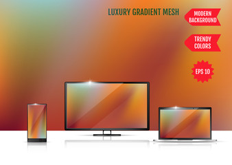 Trendy colorful abstract background. Colored Surface. An example of the use of the proposed background on the screen of a laptop, smartphone and TV