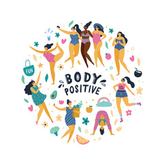 Happy body positive girls enjoy life. Attractive plus size woman doing yoga, sport, fun, love and other. Vector illustration.