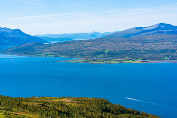 Aerial view of the hills around Tromso and Tromsoysundet strait in Norway