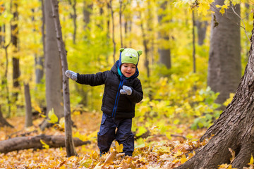 Cute baby boy in autumn forest
