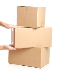 Boxes delivery in hand on white background isolation