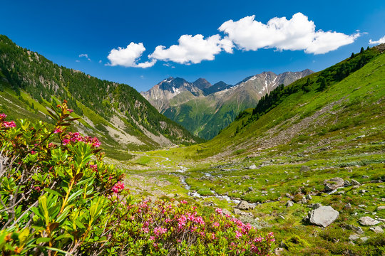 Beautiful summer mountains landscape in Stubai Tyrol Alps near New Regensburger mountain hut, Austria