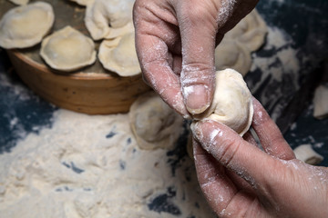 Female hand sculpts dumplings