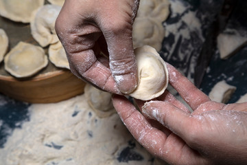 Female hand sculpts dumplings