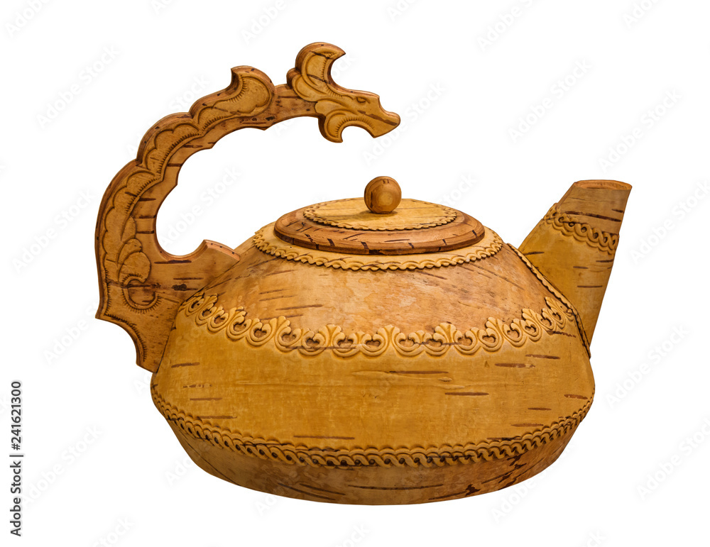 Wall mural Birch bark teapot on white background isolated, Russian folk art, city Shadrinsk Kurgan region, Russia