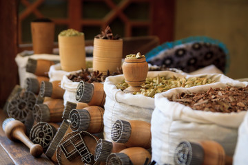 bags of oriental spices on the Asian spice market