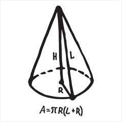 Hand drawn Cone surface area. Sketch for education, icon
