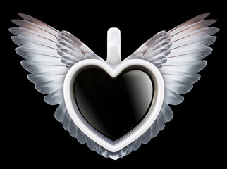 Fragrant black coffee in a cup. Cup in the shape of a heart on the wings for your design. Promotional coffee cool.