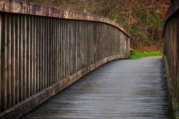 Curved wooden bridge in a country park in Glyncorrwg, South Wales, UK
