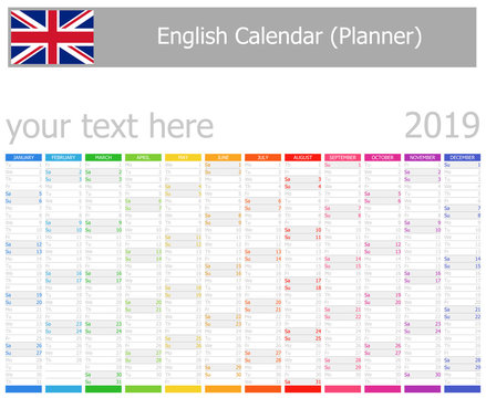 2019 English Planner Calendar with Vertical Months on white background