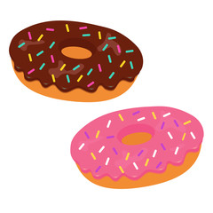 Tasty vector donuts with pink and chocolate glaze, illustration in flat style