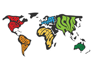 World map divided into six continents. Name of each continent wrapped in. Simplified vector illustration.