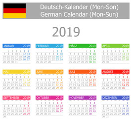 2019 German Type-1 Calendar Mon-Sun on white background