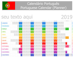 2019 Portuguese Planner Calendar with Horizontal Months on white background