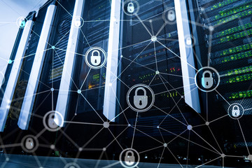 Cyber security, information privacy, data protection concept on modern server room background....