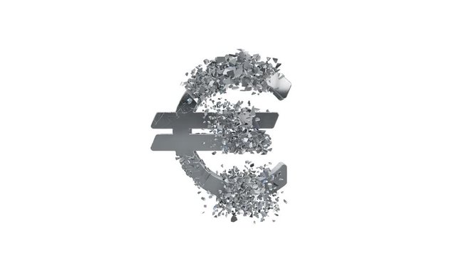 Fractured Euro value 3d model with disappearing effect. Financial crisis concept. Available in FullHD and HD video.