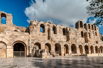 The façade of the Odeon of Herodes Atticus, in Athens, Greece. It is an ancient stone theatre, built in 161 AD, located on the southwest slope of the Acropolis of Athens. 