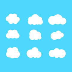 Set of clouds in blue sky. Cloud icon shape. Collection of different clouds, label, symbol. Graphic vector design element for logo, web and print.