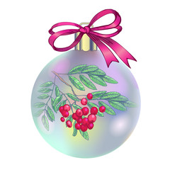 Christmas decorations, vector illustration. Red Christmas ball with row branch, berries and leaves. Fir tree branch isolated over white background