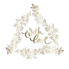 Hand drawn elegant triangular gold brunch frame with lettering Be jolly. Wedding elegant ornament. Vector ornate floral frame with scandinavian elements