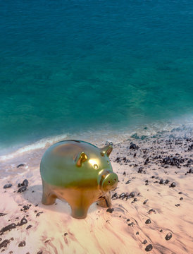 Save for vacation, piggy bank moneybox on the beach, 3D illustration