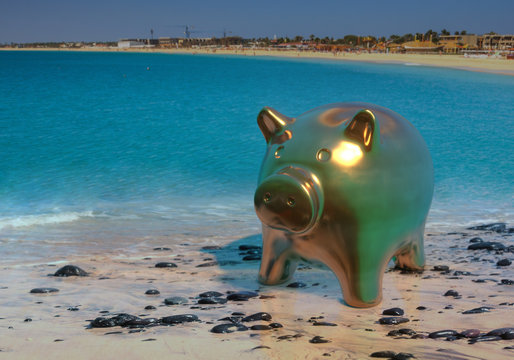 Save for travel, piggy bank on the beach, 3D illustration