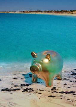 Save money for the future, piggy bank on the beach, 3D illustration