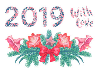 Beautiful graphic spruce branch, Hipeastrum flowers, bow and inspiration 2019 with love. Hand drawn graphics elements. Vector illustration