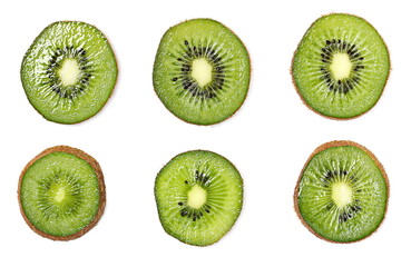 Kiwi fruit set slices isolated on white background, top view, clipping path