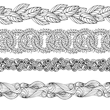 Set of hand drawn floral brushes on zentangle style. Vector illustration