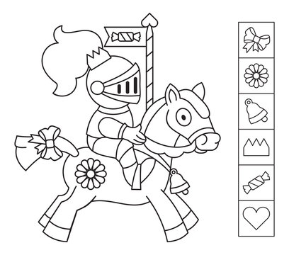 Color the knight. Find the objects hidden in the picture. Games for kids. Coloring page. Educational activity for children
