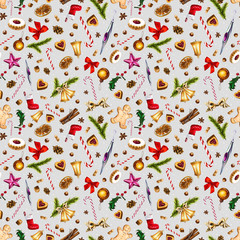 Festive seamless pattern with winter holiday attributes on gray background with white snow dots. Illustration of  gingerbread, cookies, candy cane, sweets, nuts, red bow, bell.  Watercolor.