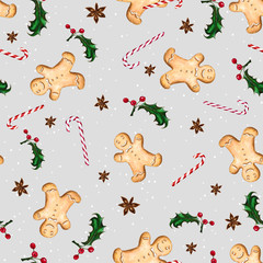 Seamless pattern with gingerbread man, candy cane, anise star and holly. Gray background with white snow dots. The illustration is drawn by hand with markers and watercolors.