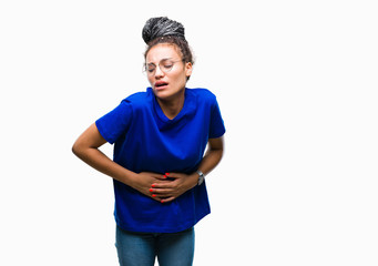 Young braided hair african american girl wearing glasses over isolated background with hand on stomach because indigestion, painful illness feeling unwell. Ache concept.