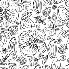 Black and white seamless floral pattern hand draw abstract flowers on white background