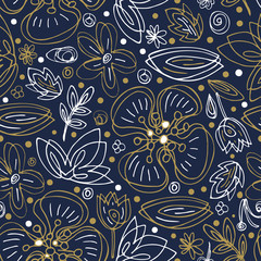Seamless floral pattern hand draw abstract white and gold flowers on light black background, vector
