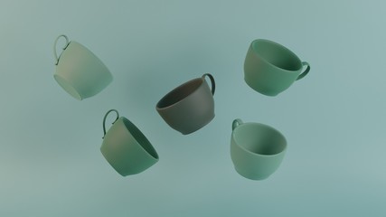 Art collection 3d render cubic coffee cup modern art for decorate anti gravity style  dark green