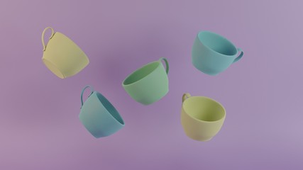 Art collection 3d render cubic coffee cup modern art for decorate anti gravity style  yellow green pink