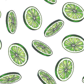 Vector vintage seamless pattern with lime isolated on white. Hand drawn color texture with green slices of citrus. Fruit rounds sketch.