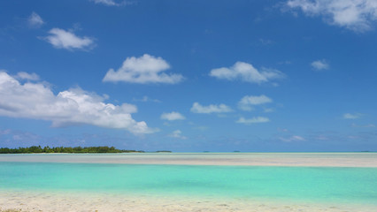 Fototapeta na wymiar COPY SPACE: Streaks of white sand cross the shallow turquoise ocean water.